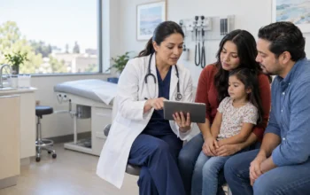 Doctora explica la cobertura médica a una familia hispana durante una consulta preventiva.