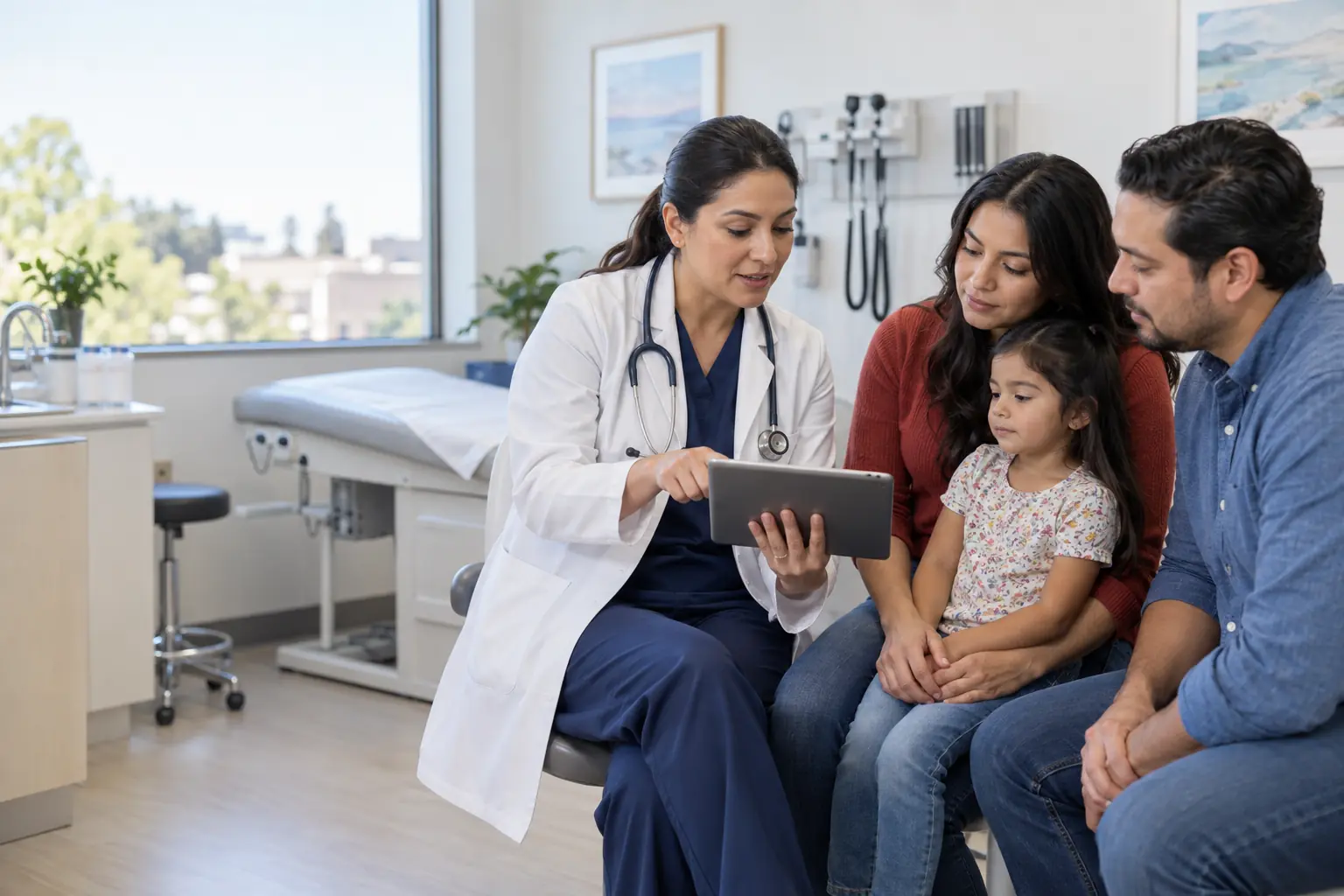 Que cubre Obamacare beneficios cobertura 2026 | TuSeguroMédicocom Doctora explica la cobertura médica a una familia hispana durante una consulta preventiva