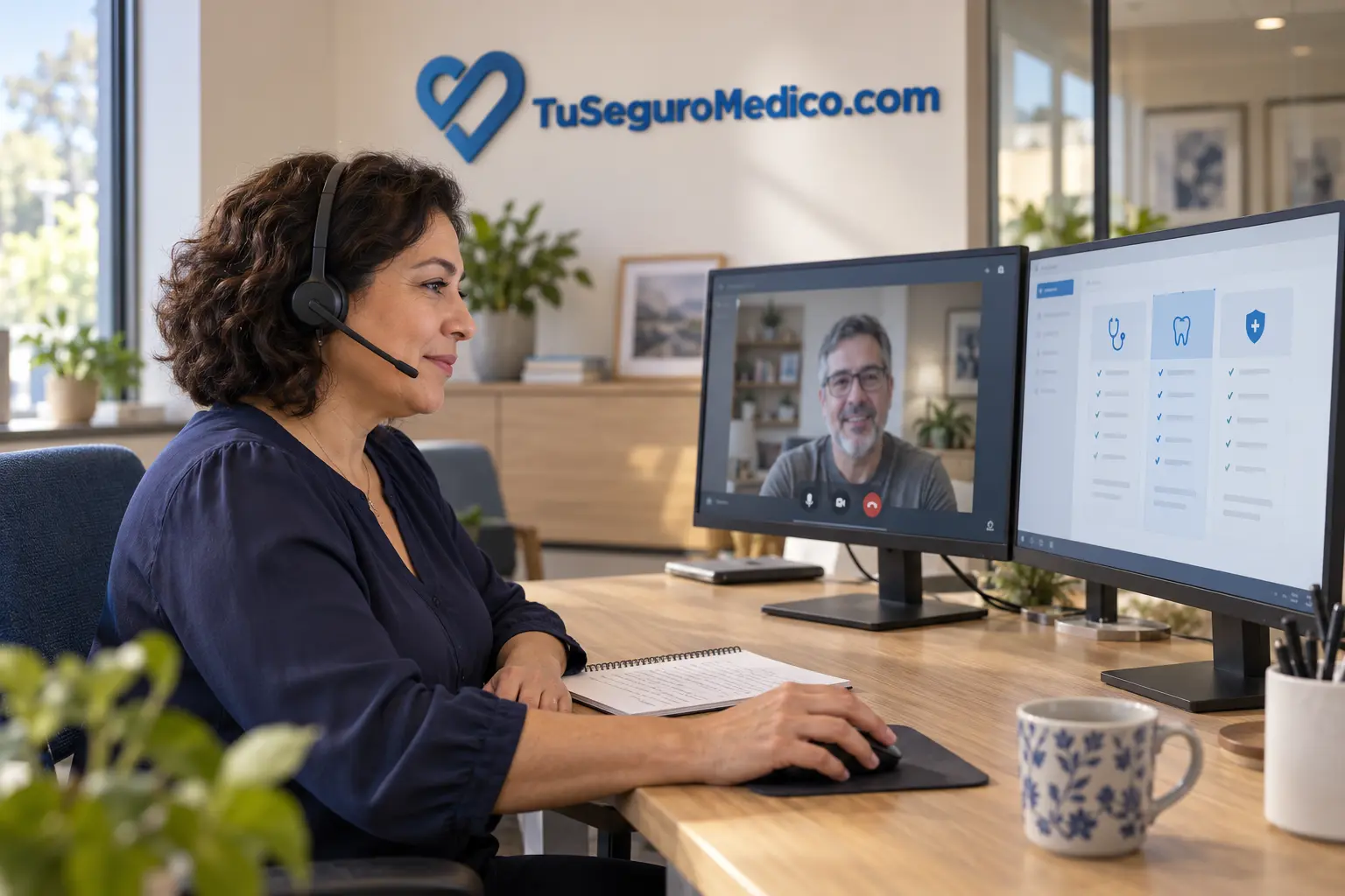 Escena ilustrativa de una asesora en videollamada con un cliente mientras consulta opciones de cobertura con el logotipo de TuSeguroMedicocom al fondo