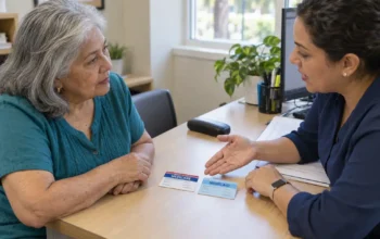 Adulta mayor recibe orientación sobre la combinación de Medicare y Medicaid, con tarjetas ilustrativas de ambos programas sobre el escritorio.