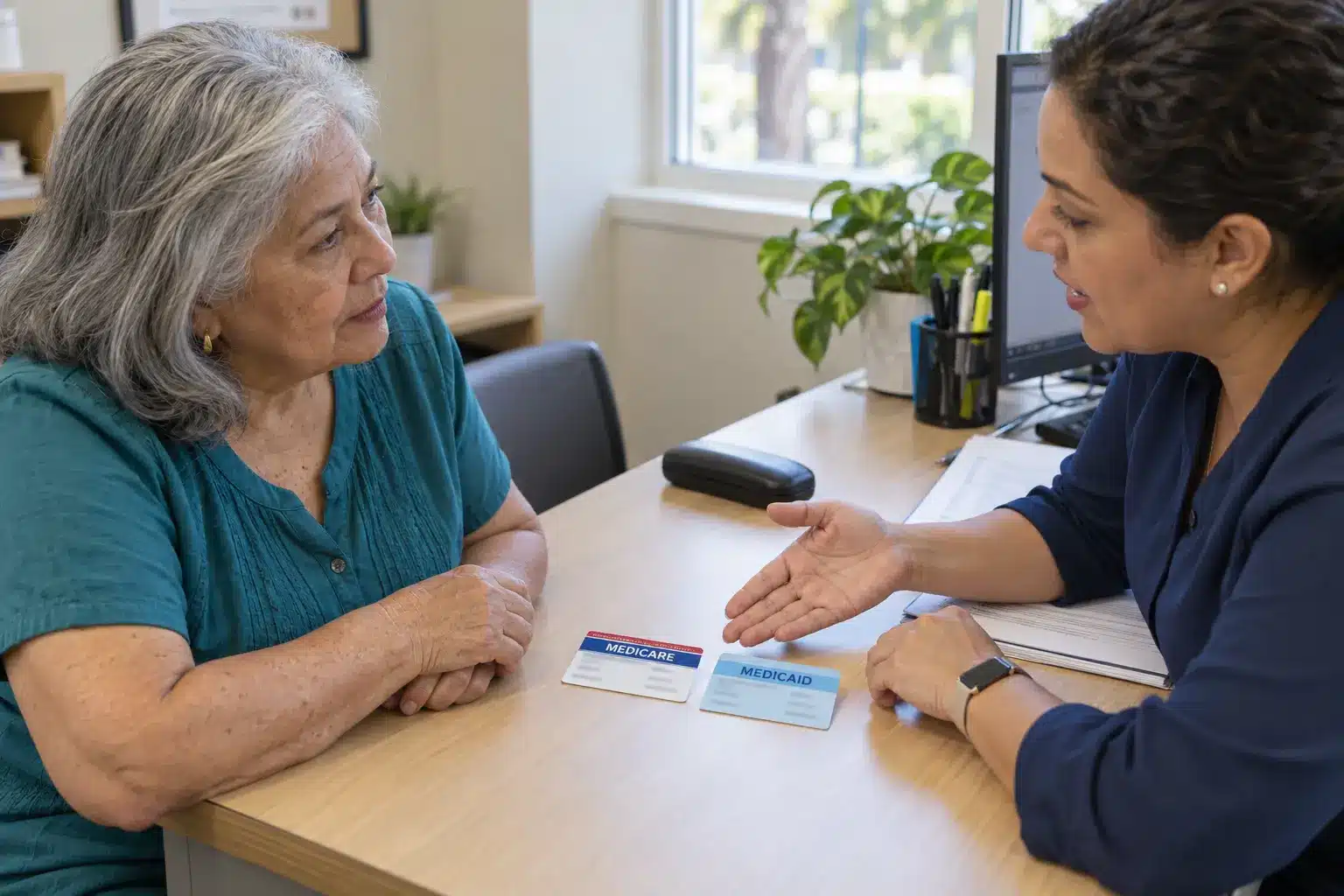 Como funciona en Medicare y Medicaid en Florida | TuSeguroMédicocom Adulta mayor recibe orientación sobre la combinación de Medicare y Medicaid con tarjetas ilustrativas de ambos programas sobre el escritorio