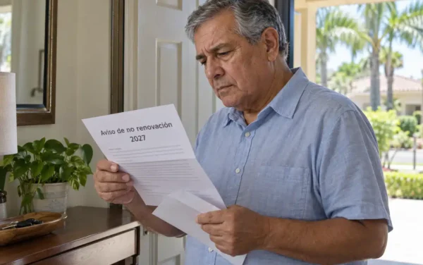Adulto mayor lee con preocupación una carta ilustrativa de no renovación de su plan para 2027.