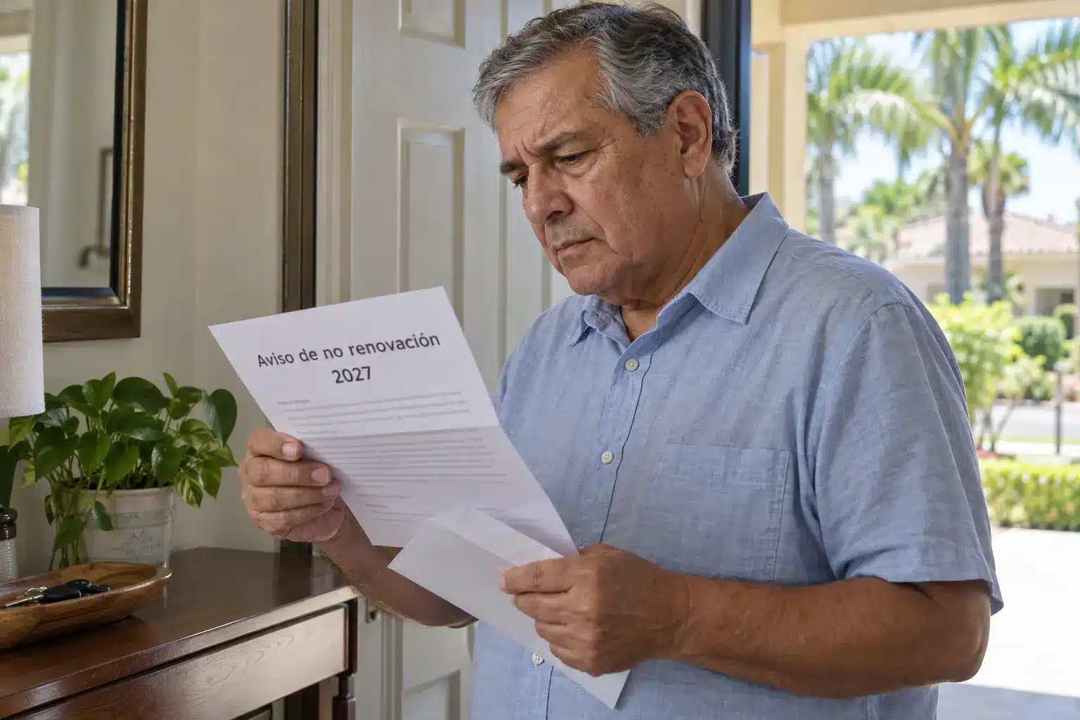 Florida pierde 51 planes de Medicare Advantage para 2027 | TuSeguroMédicocom Adulto mayor lee con preocupación una carta ilustrativa de no renovación de su plan para 2027