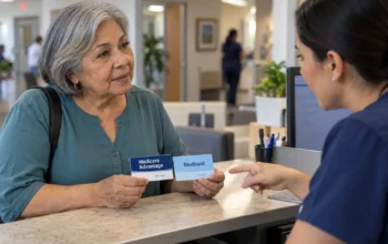 Adulta mayor presenta tarjetas ilustrativas de Medicare Advantage y Medicaid en la recepción de una clínica.