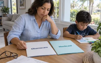 Madre junto a su hijo revisa carpetas de Obamacare y Medicaid, ilustrando las diferencias entre ambas opciones de cobertura médica en Florida.