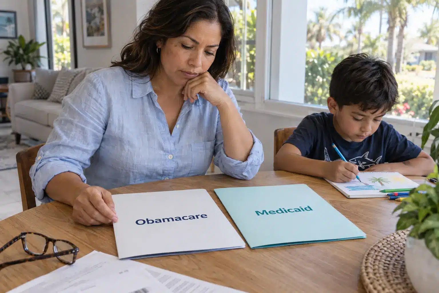 Diferencias entre obamacare y medicaid en florida | TuSeguroMédicocom Madre junto a su hijo revisa carpetas de Obamacare y Medicaid ilustrando las diferencias entre ambas opciones de cobertura médica en Florida