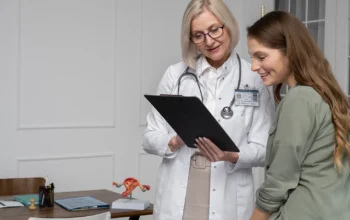 Doctora mostrando resultados médicos a una paciente sonriente en un consultorio,