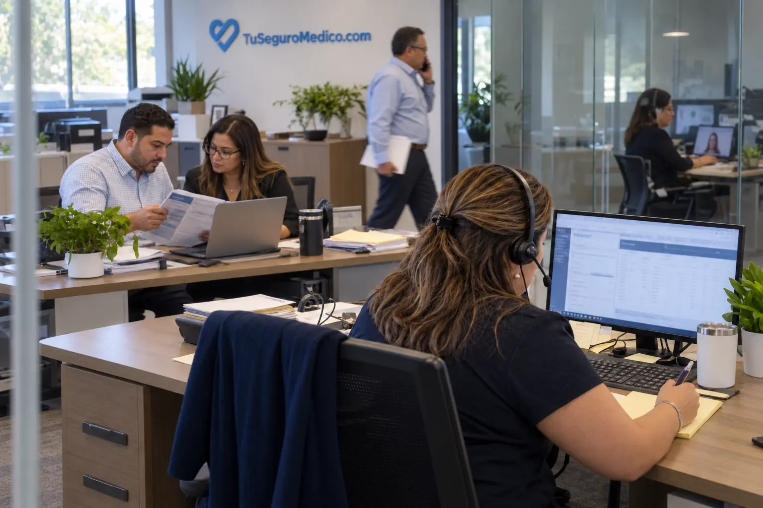 Equipo de TuSeguroMedico atendiendo llamadas | TuSeguroMédicocom Equipo de TuSeguroMedicocom trabaja en la atención de clientes comparación de coberturas y revisión de documentos desde su oficina en Miami Lakes