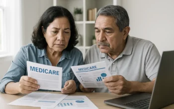 Pareja hispana de adultos mayores revisando documentos de Medicare en casa con actitud reflexiva y concentrada.