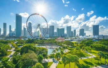 Skyline de Miami con parque y rueda de la fortuna, representando calidad de vida y servicios médicos para adultos mayores hispanos con Medicare.