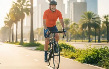 Hombre de mediana edad montando bicicleta en una ciclovía urbana al amanecer, vestido con camiseta naranja y casco negro, con palmeras y edificios modernos al fondo. Imagen que representa los beneficios del ciclismo para la salud física y emocional