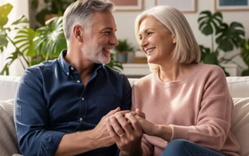Pareja de mediana edad sentada en un sofá, sonriendo y tomados de la mano en un ambiente hogareño con plantas, mostrando conexión emocional, bienestar y salud emocional después de los 50 años.