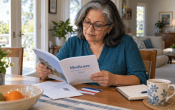 Mujer adulta mayor revisa una guía de Medicare 2027 en su hogar, con documentos y un cuaderno de notas sobre la mesa.