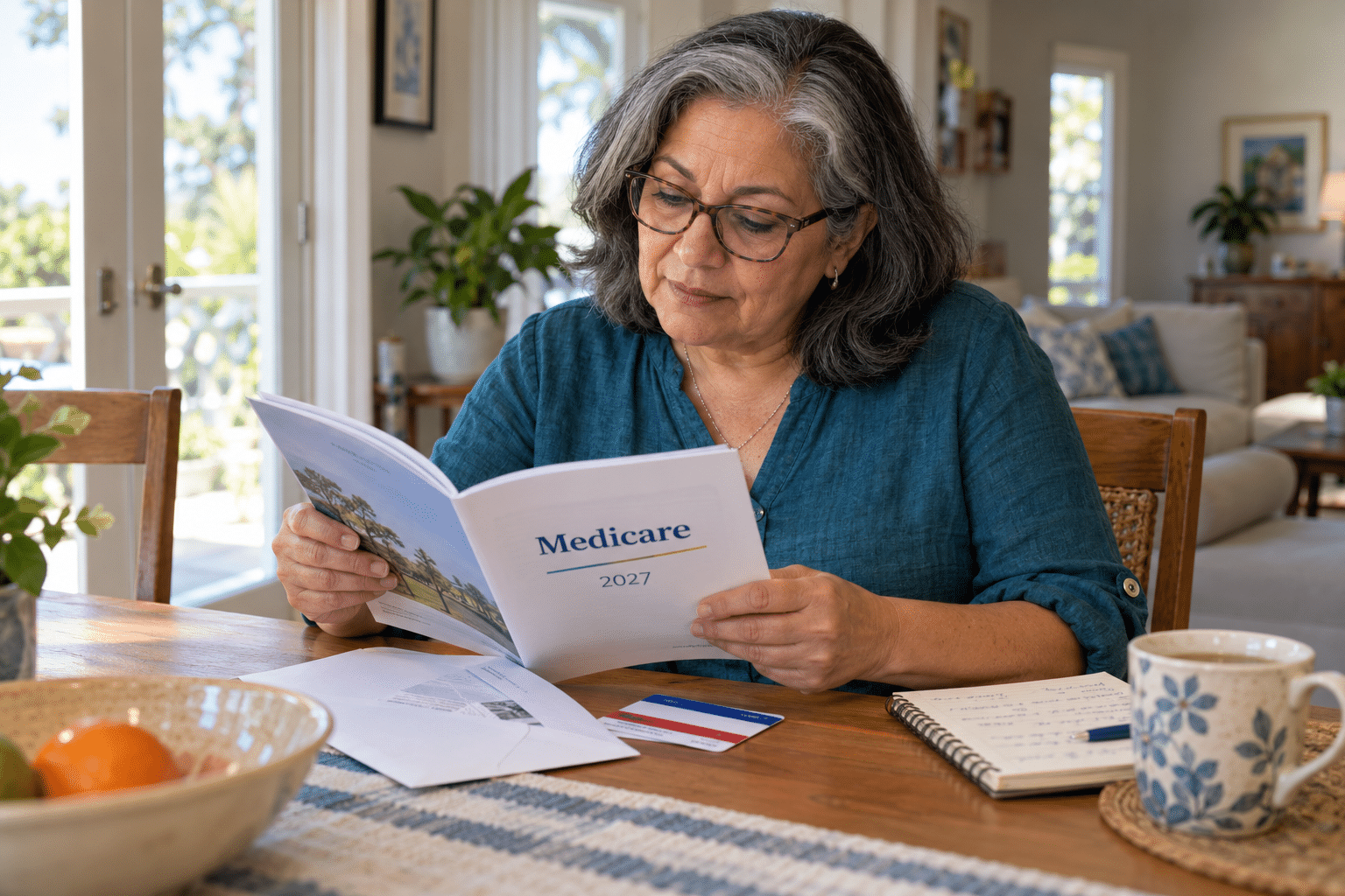 Nuevo en Medicare | TuSeguroMédicocom Mujer adulta mayor revisa una guía de Medicare 2027 en su hogar con documentos y un cuaderno de notas sobre la mesa