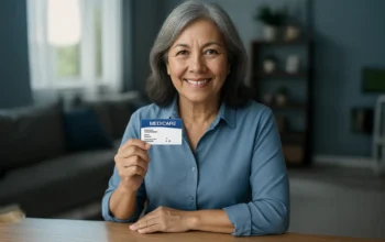 Mujer hispana mayor sonriendo mientras sostiene su tarjeta de Medicare en una sala iluminada, representando los nuevos cambios en Medicare 2026.