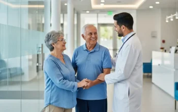 Pareja hispana de adultos mayores siendo atendida por un doctor en un centro médico moderno en Florida, representando los mejores centros de Medicare con atención bilingüe y de calidad.