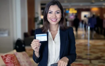 Mujer latina vestida de manera profesional, sonriendo y sosteniendo una tarjeta de seguro médico mientras espera con su maleta en la terminal de un aeropuerto.