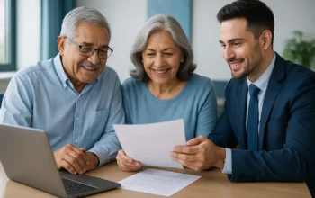 Pareja hispana mayor sonriente revisando documentos con un asesor bilingüe de Medicare en una oficina moderna con tonos azules y luz natural.