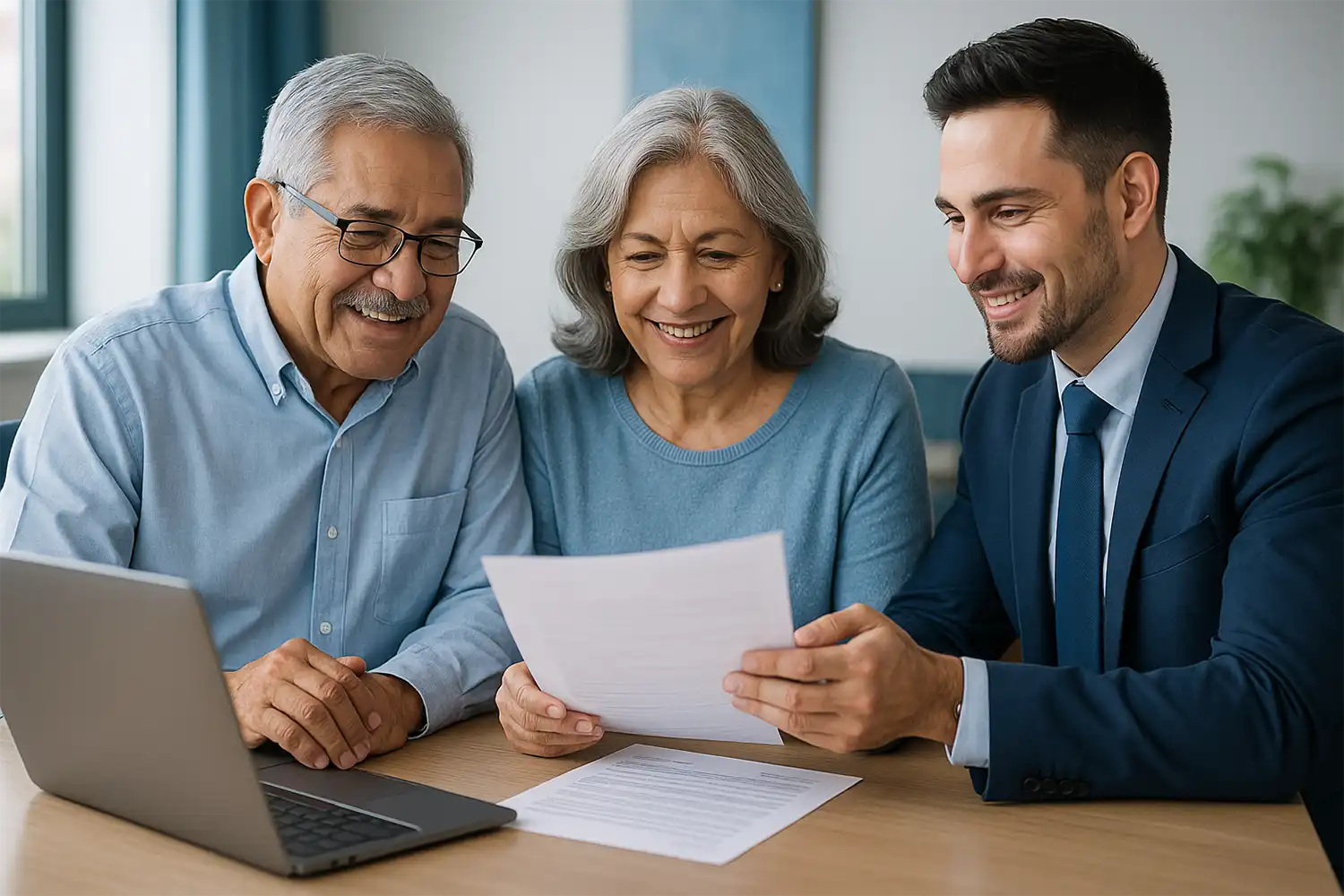 Pareja hispana mayor sonriente revisando documentos con un asesor bilingüe de Medicare en una oficina moderna con tonos azules y luz natural.
