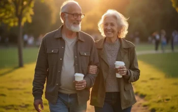 Pareja hispana de adultos mayores caminando juntos por un parque al atardecer, sonriendo y sosteniendo vasos de café.