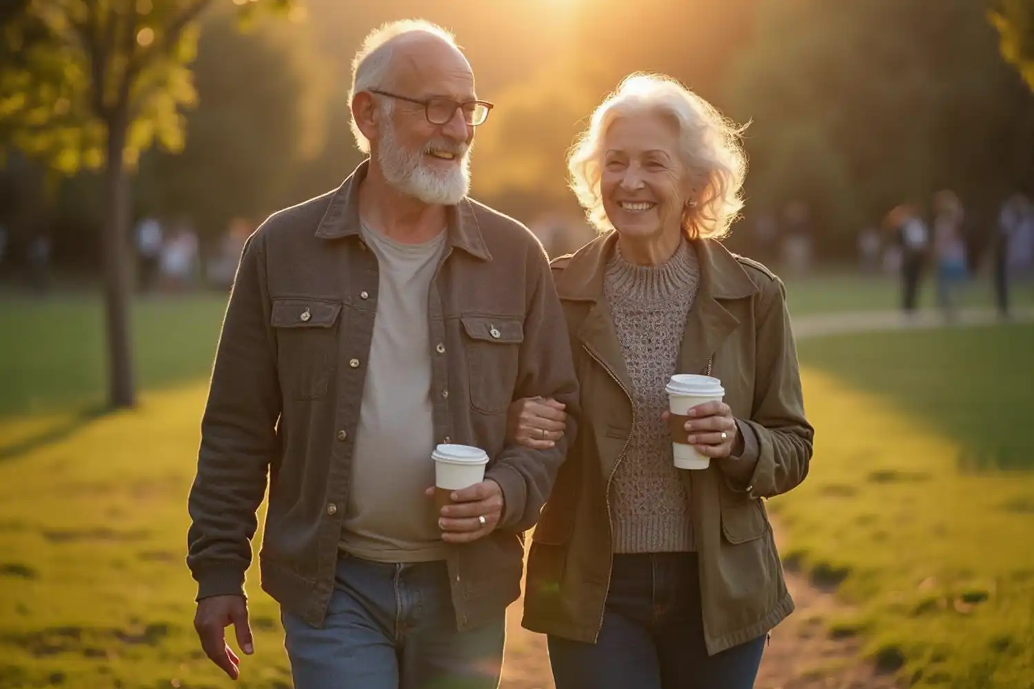 Pareja hispana de adultos mayores caminando juntos por un parque al atardecer, sonriendo y sosteniendo vasos de café.