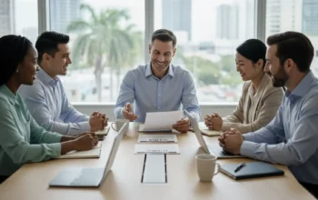 Equipo diverso revisando documentos médicos con ICHRA visible en oficina moderna, ambiente profesional y colaborativo.