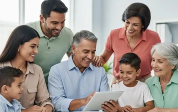 Hispanic family with a health insurance advisor reviewing Marketplace plan categories on a tablet in a bright medical office in Miami, representing Bronze, Silver, Gold, and Platinum health plan options.