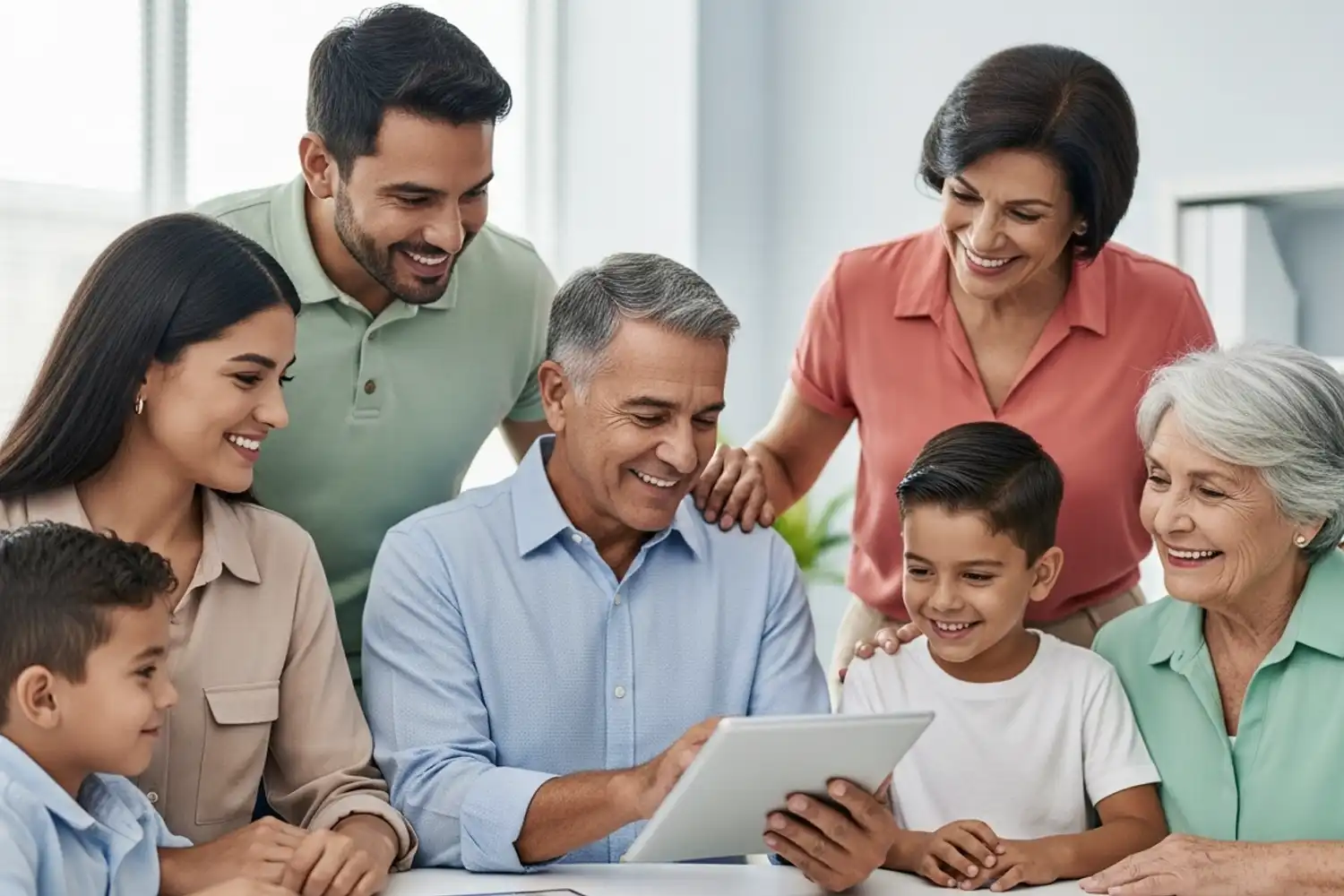 Hispanic family with a health insurance advisor reviewing Marketplace plan categories on a tablet in a bright medical office in Miami, representing Bronze, Silver, Gold, and Platinum health plan options.
