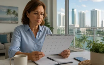 Señora en Miami mirando un calendario