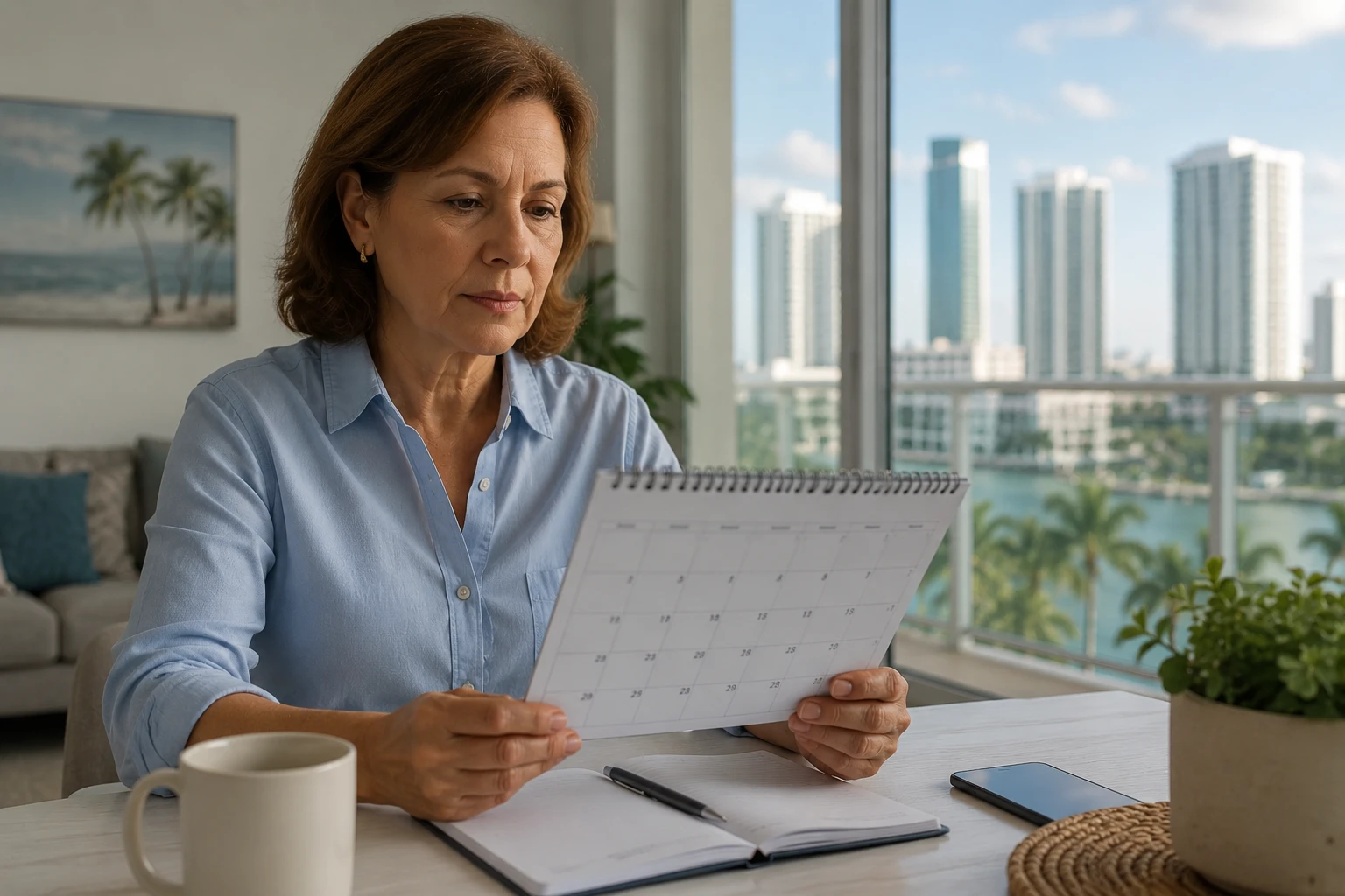 Señora en Miami mirando un calendario