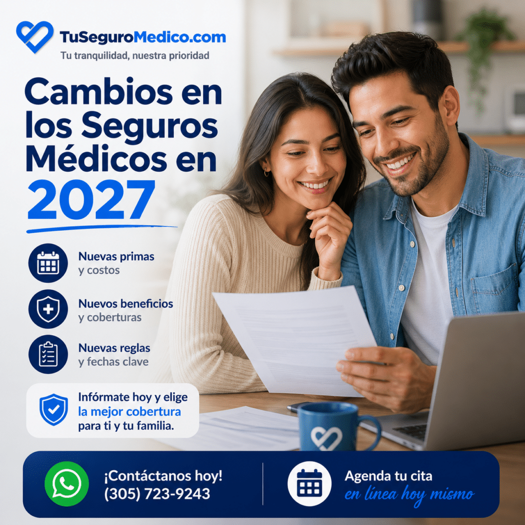 Cambio en los seguros medicos 2027 | TuSeguroMédicocom Pareja joven comparando los cambios en los seguros médicos para 2027 y revisando nuevas opciones de cobertura de salud