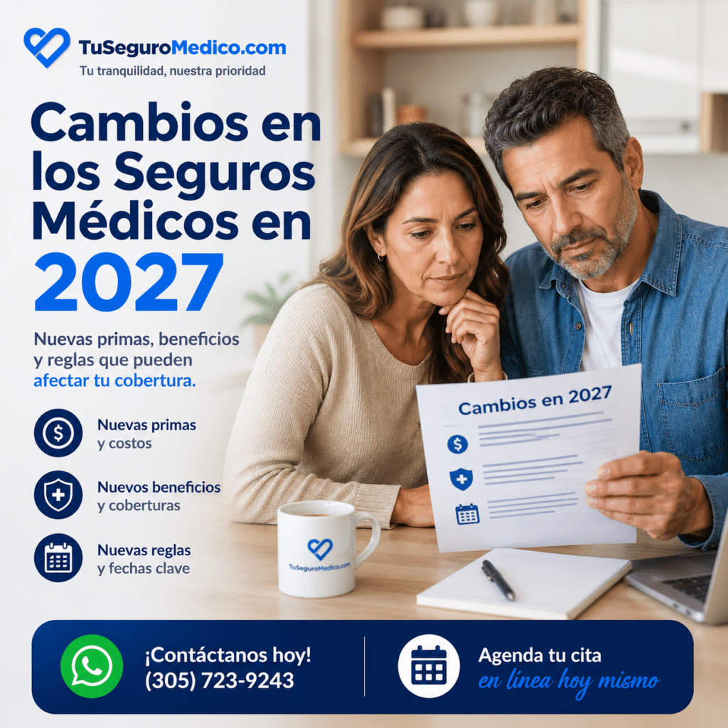 Cambios en seguros medicos para 2027 | TuSeguroMédicocom Pareja de adultos revisando los cambios en los seguros médicos para 2027 incluyendo nuevas reglas beneficios y costos de la cobertura de salud