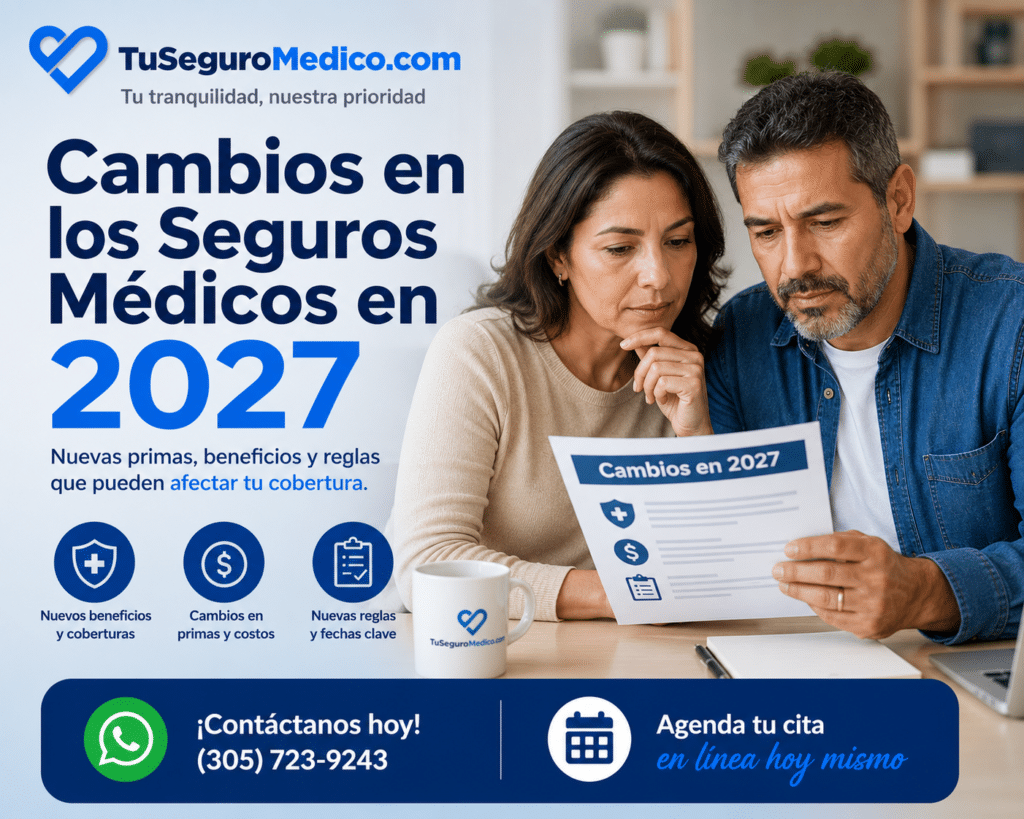 Cambios seguros medicos 2027 | TuSeguroMédicocom Pareja de adultos revisando los cambios en los seguros médicos para 2027 y comparando nuevas opciones de cobertura de salud