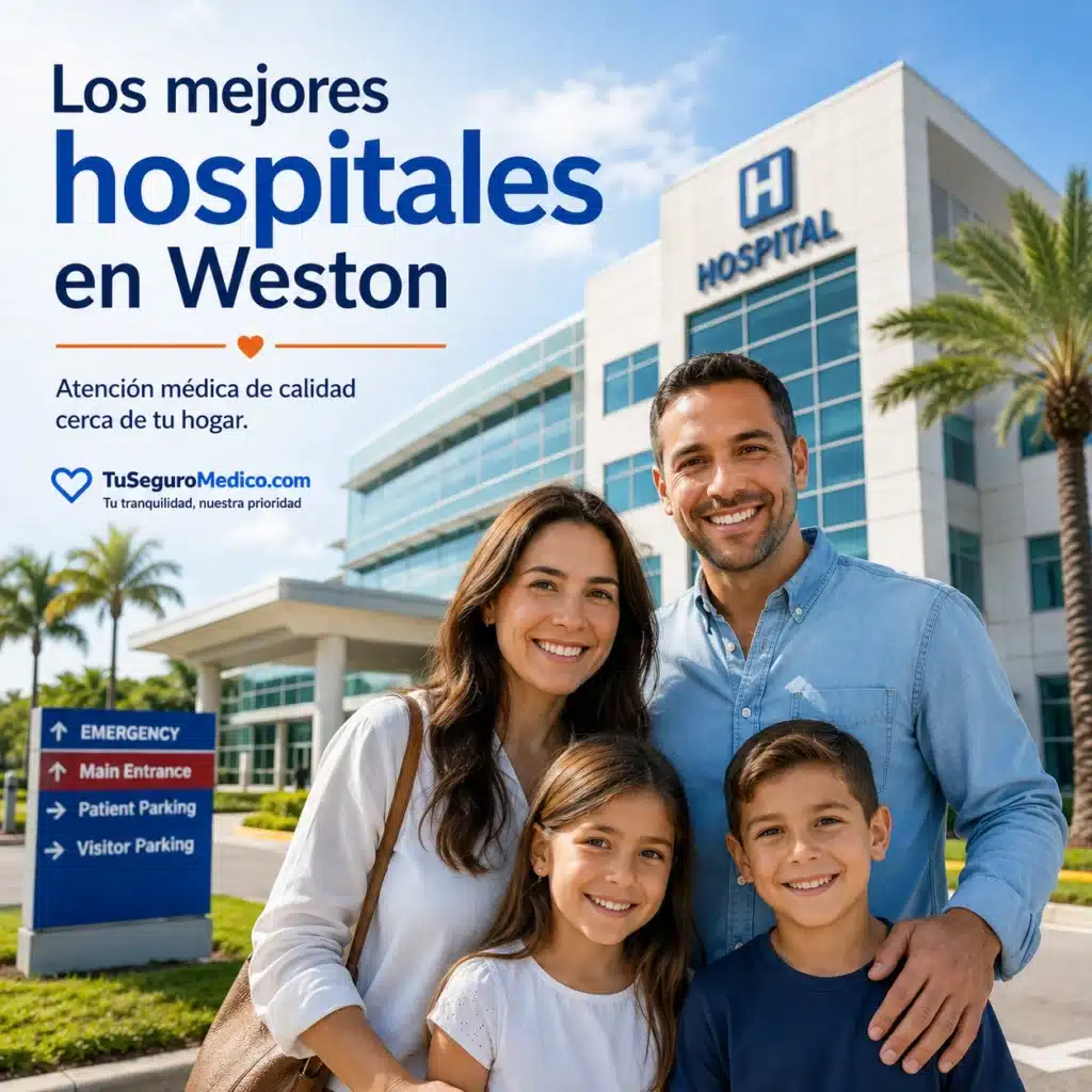 Los mejores hospitales en Weston | TuSeguroMédicocom Familia sonriente frente a un hospital moderno en Weston Florida representando el acceso a los mejores hospitales y centros médicos de la ciudad para personas con seguro médico