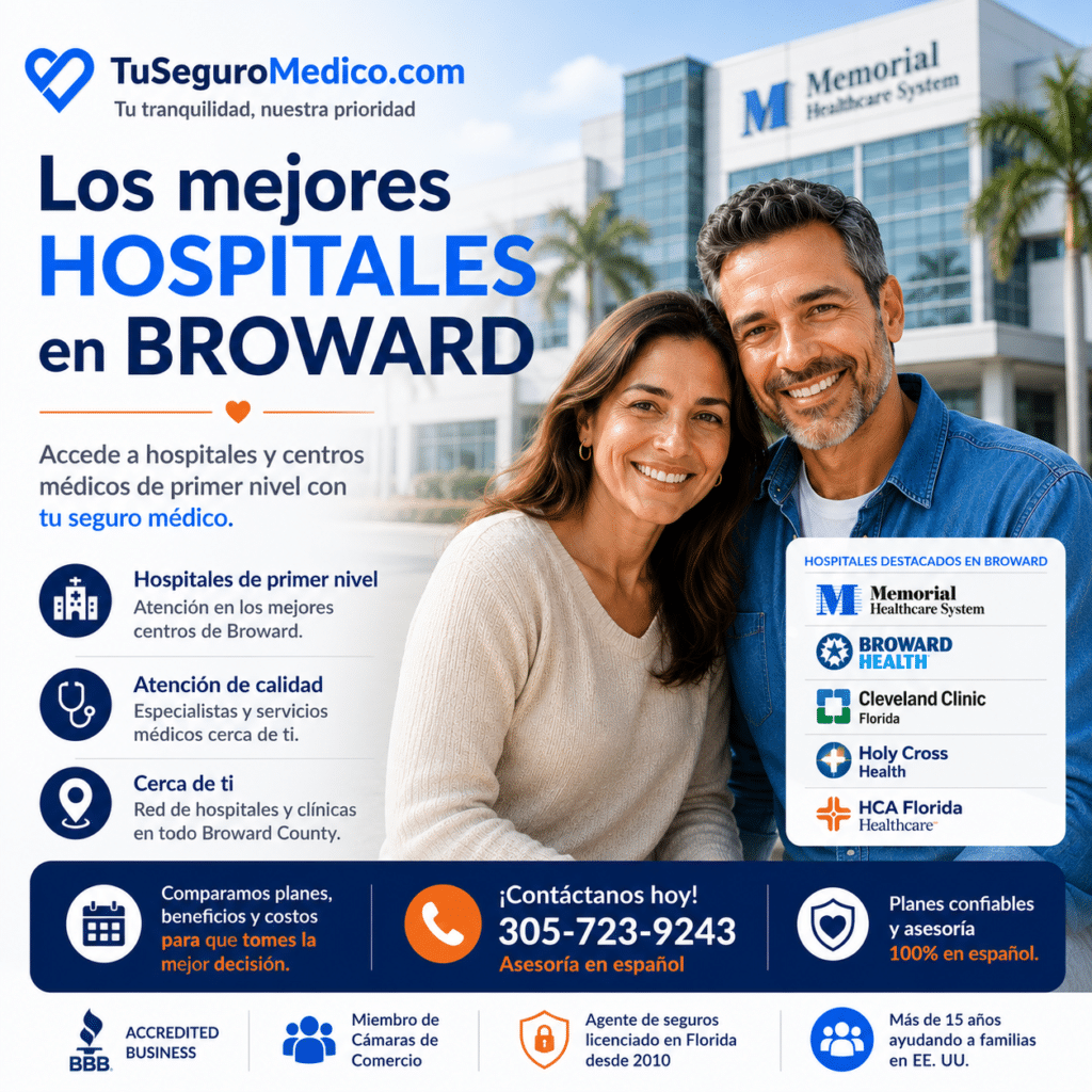 Pareja de adultos frente a un hospital destacado de Broward explorando las mejores redes de hospitales y opciones de seguros médicos para acceder a atención médica de calidad