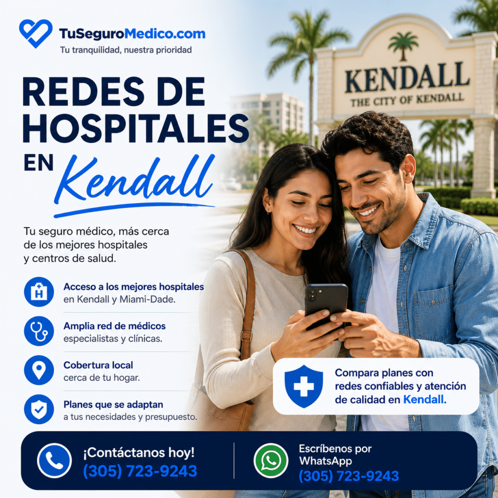 Pareja joven revisando redes de hospitales y opciones de seguros médicos en Kendall con asesoría personalizada en español de TuSeguroMedicocom