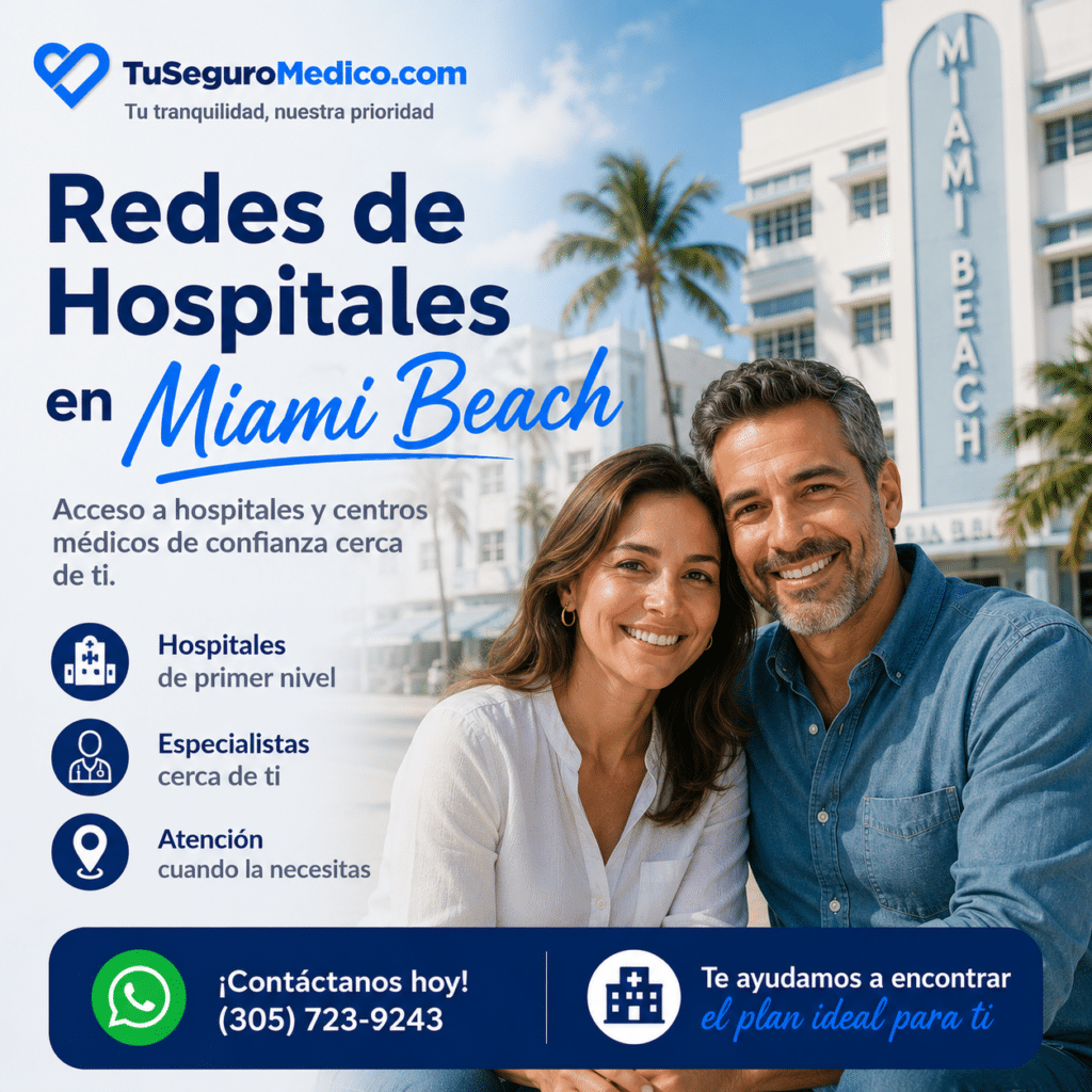 Pareja de adultos explorando las redes de hospitales en Miami Beach para elegir un seguro médico con acceso a hospitales especialistas y atención médica de calidad
