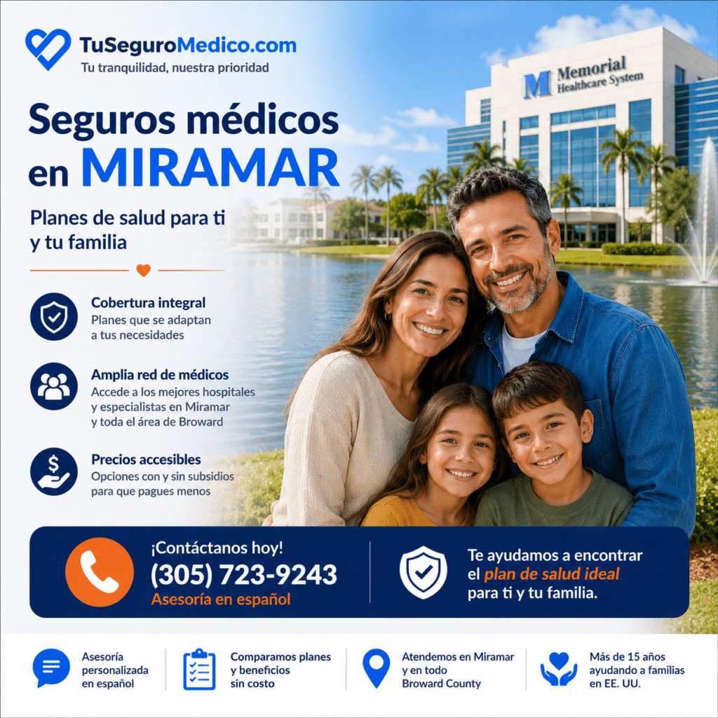 Familia sonriente frente a un hospital en Miramar Florida explorando opciones de seguros médicos con cobertura para consultas especialistas hospitales y atención preventiva para toda la familia