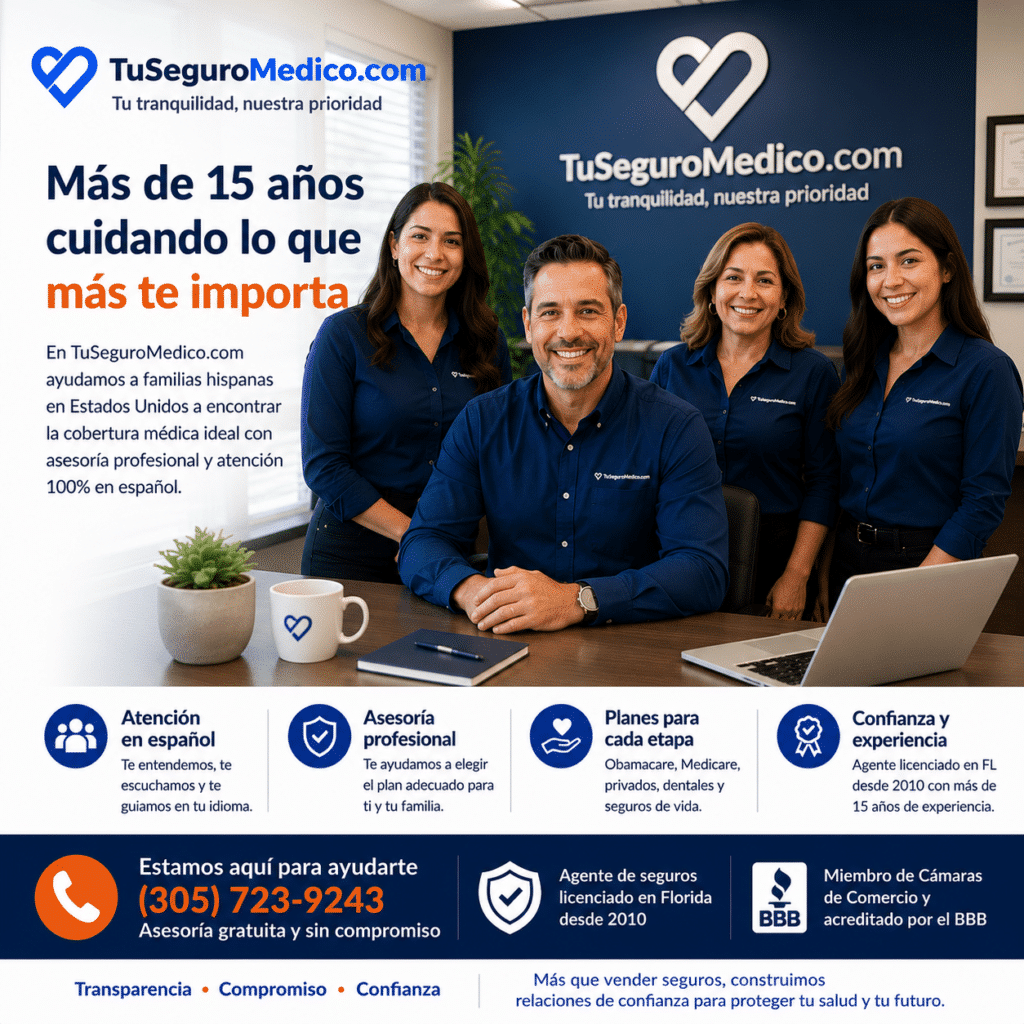 Equipo de TuSeguroMedicocom en su oficina brindando asesoría profesional en seguros médicos Medicare Obamacare seguros dentales y seguros de vida para familias hispanas en Estados Unidos