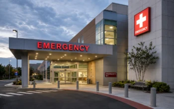 Entrada del departamento de emergencias de un hospital moderno con acceso para ambulancias, puertas automáticas de vidrio y letrero rojo de 'Emergency' sobre la entrada principal.