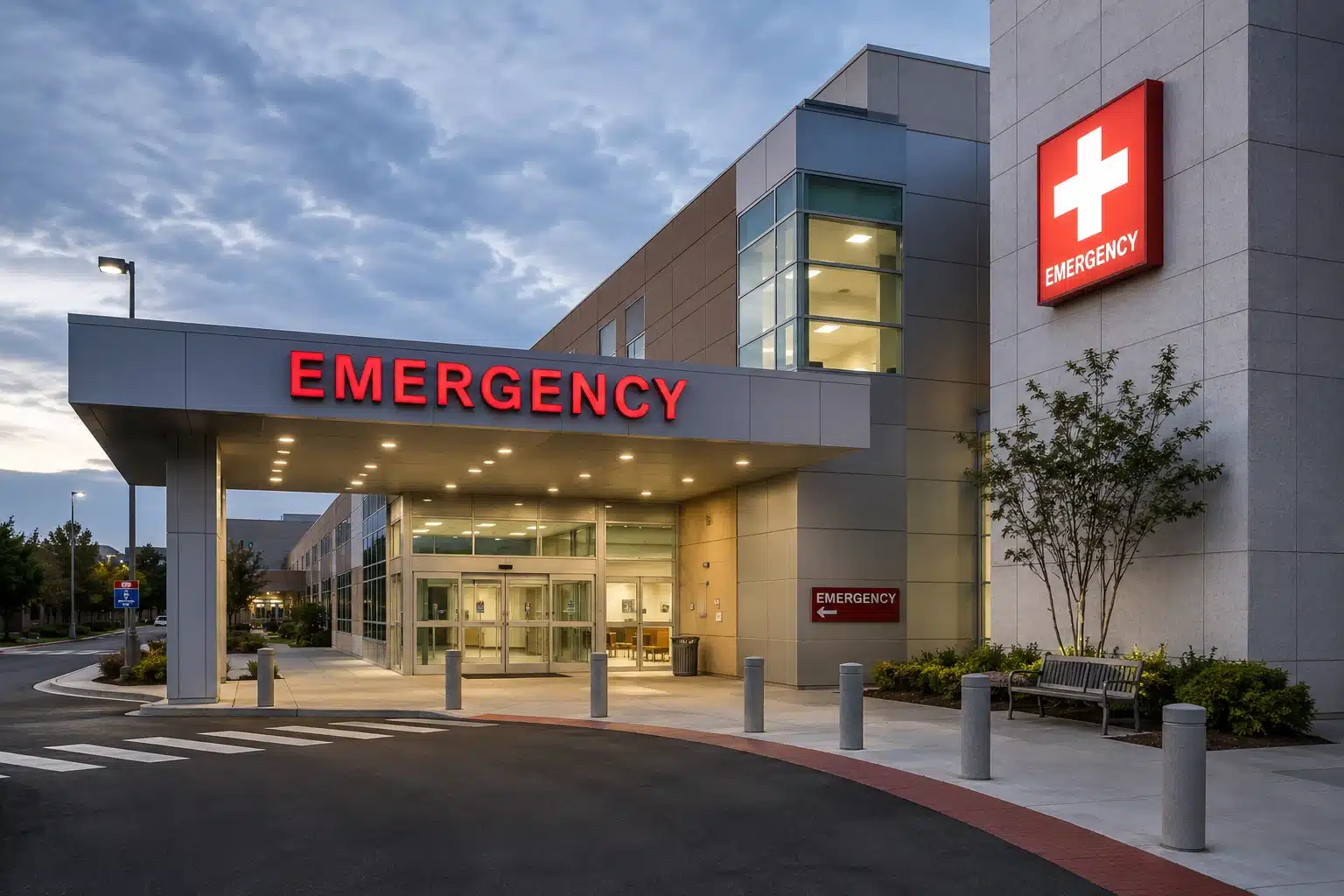 Entrada del departamento de emergencias de un hospital moderno con acceso para ambulancias puertas automáticas de vidrio y letrero rojo de'Emergency' sobre la entrada principal.