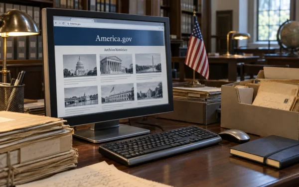 Recreación ilustrativa de America.gov en una computadora, rodeada de documentos de archivo y una bandera de Estados Unidos.