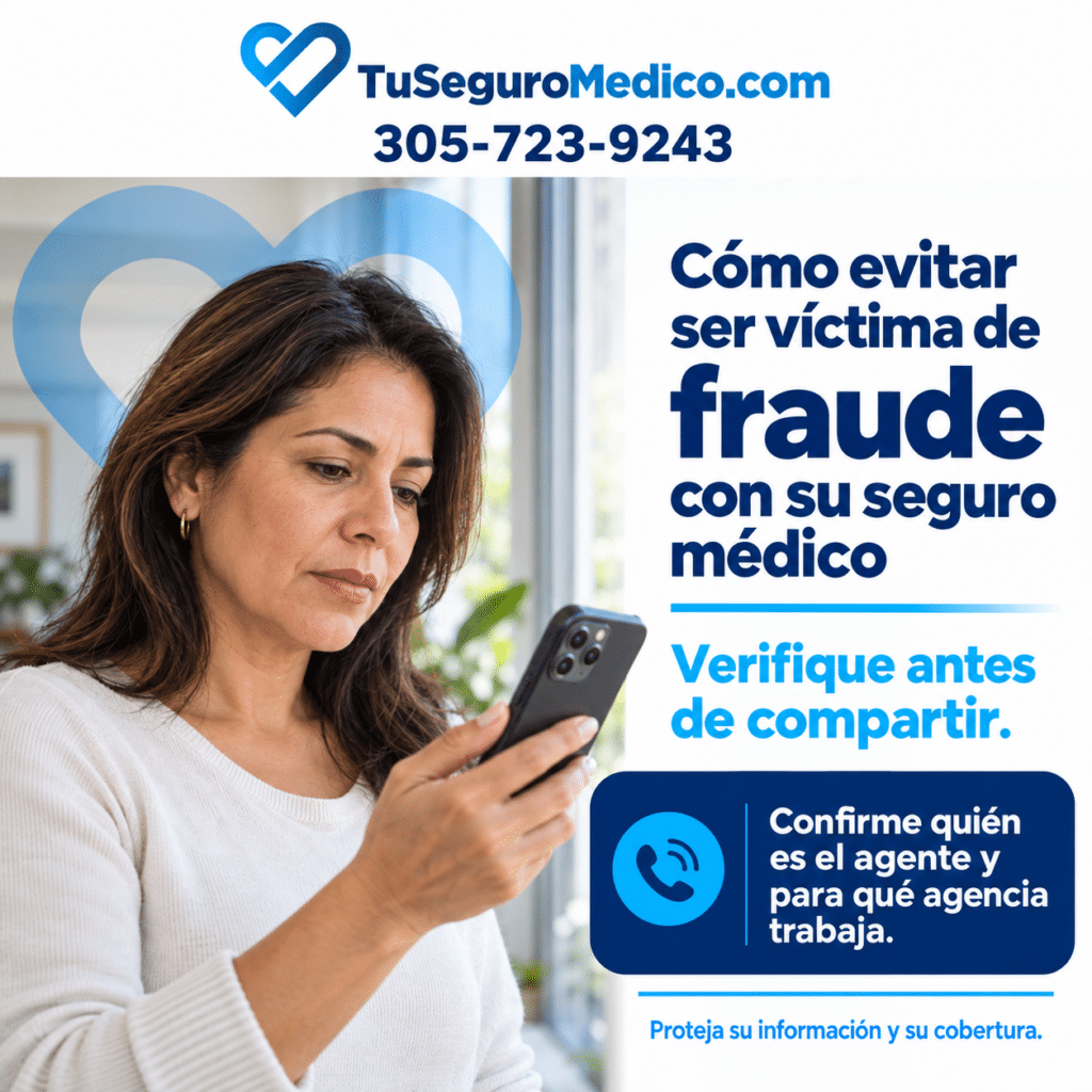 Mujer revisando su teléfono junto al mensaje de TuSeguroMedicocom sobre cómo evitar el fraude con su seguro médico y verificar la identidad del agente antes de compartir información personal