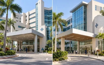 Imagen ilustrativa de dos edificios hospitalarios para un artículo sobre hospitales públicos y privados en Miami.
