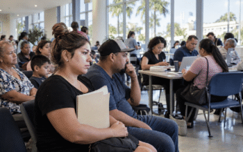 Familias hispanas esperan orientación sobre cobertura médica en un centro comunitario de Florida antes del período de inscripción de seguros para 2027.