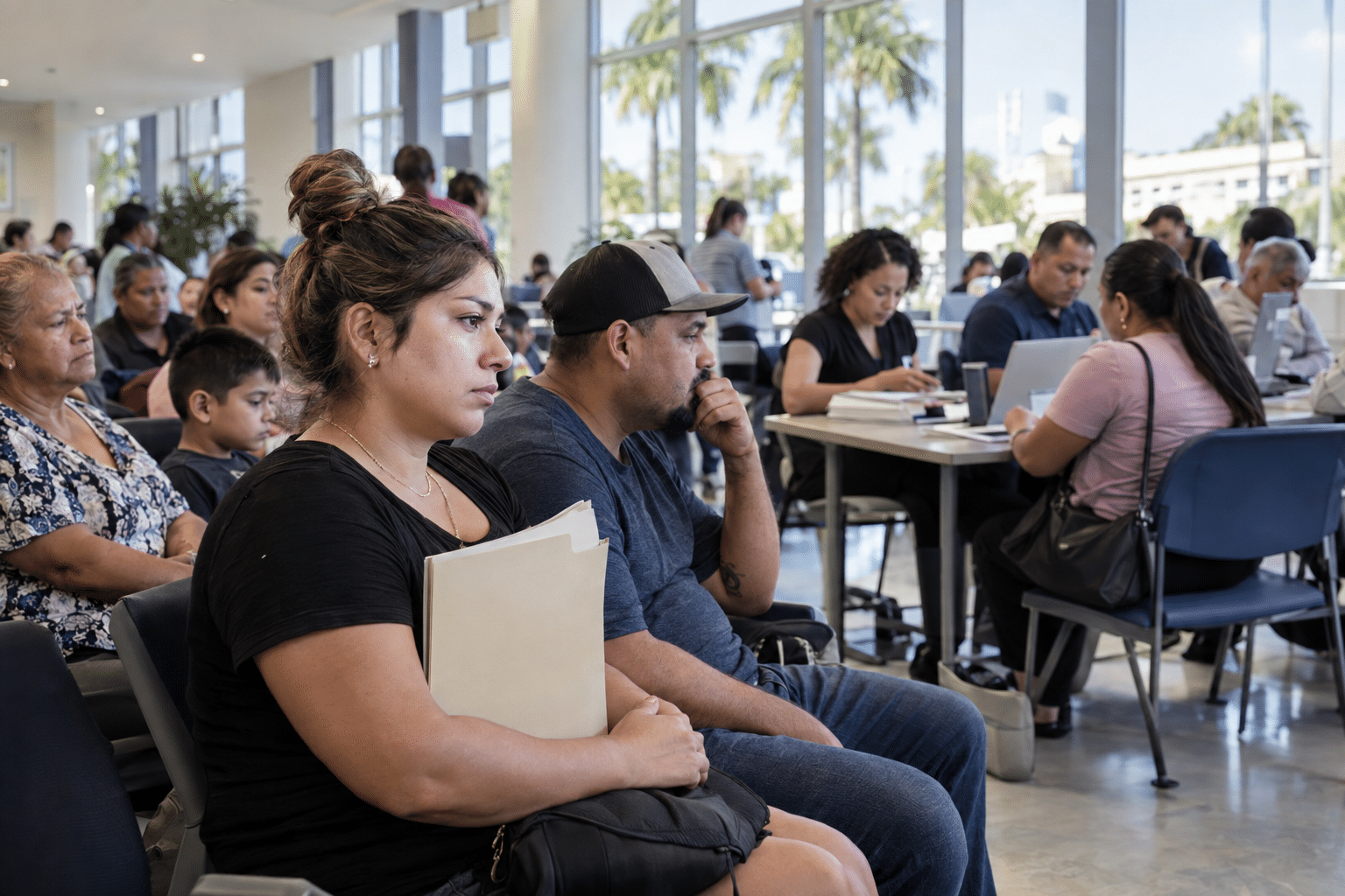 El Census Bureau reporta 267 millones de personas sin seguro médico en 2025 | TuSeguroMédicocom Familias hispanas esperan orientación sobre cobertura médica en un centro comunitario de Florida antes del período de inscripción de seguros para 2027