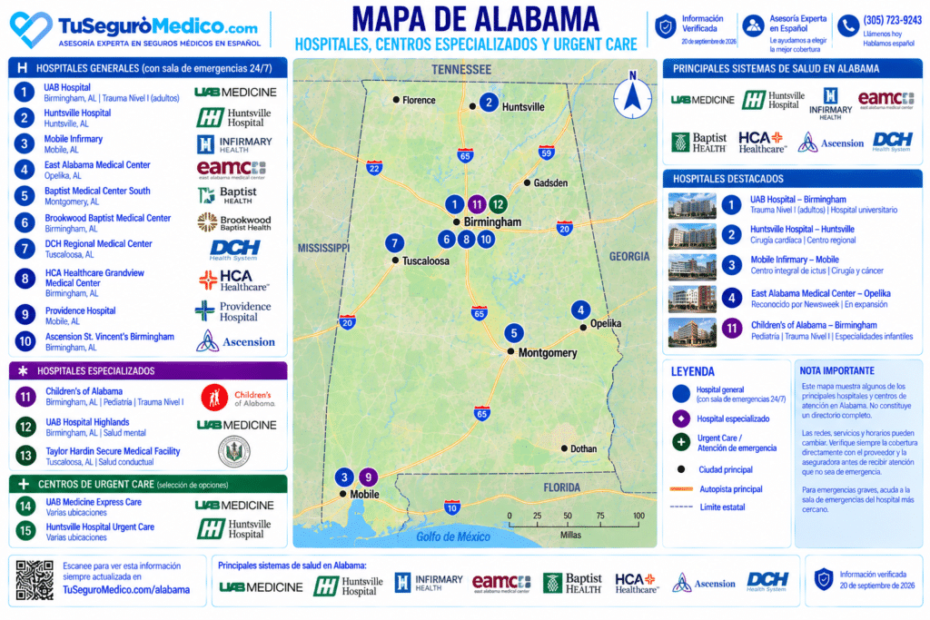 Mapa de Hospitales en Alabama | TuSeguroMédicocom Mapa de hospitales y centros de salud en Alabama con UAB Hospital Huntsville Hospital Mobile Infirmary Childrens of Alabama East Alabama Medical Center y otros hospitales centros especializados y servicios de urgent care