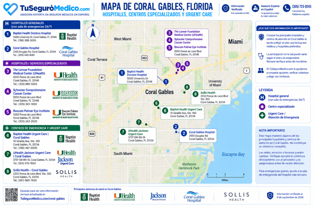 Mapa de Hospitales en Coral Gables | TuSeguroMédicocom Mapa detallado con las principales redes medicas en Coral Gables Florida
