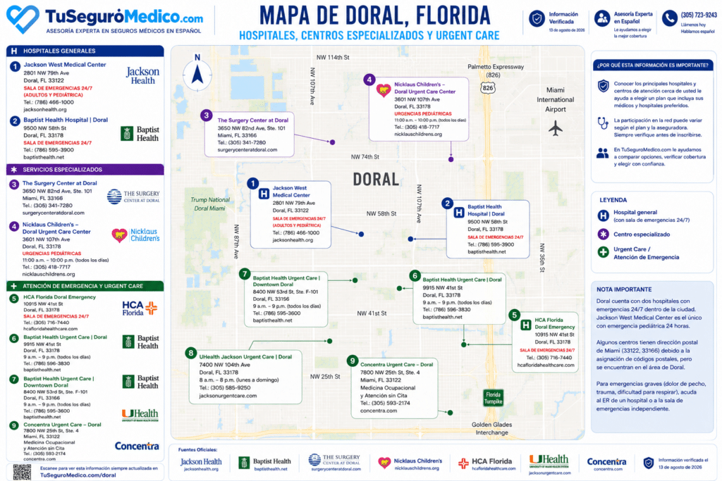 Hospitales centros especializados y urgent care en Doral Ubicaciones verificadas el 13 de agosto de 2026 en la fuente oficial de cada institución