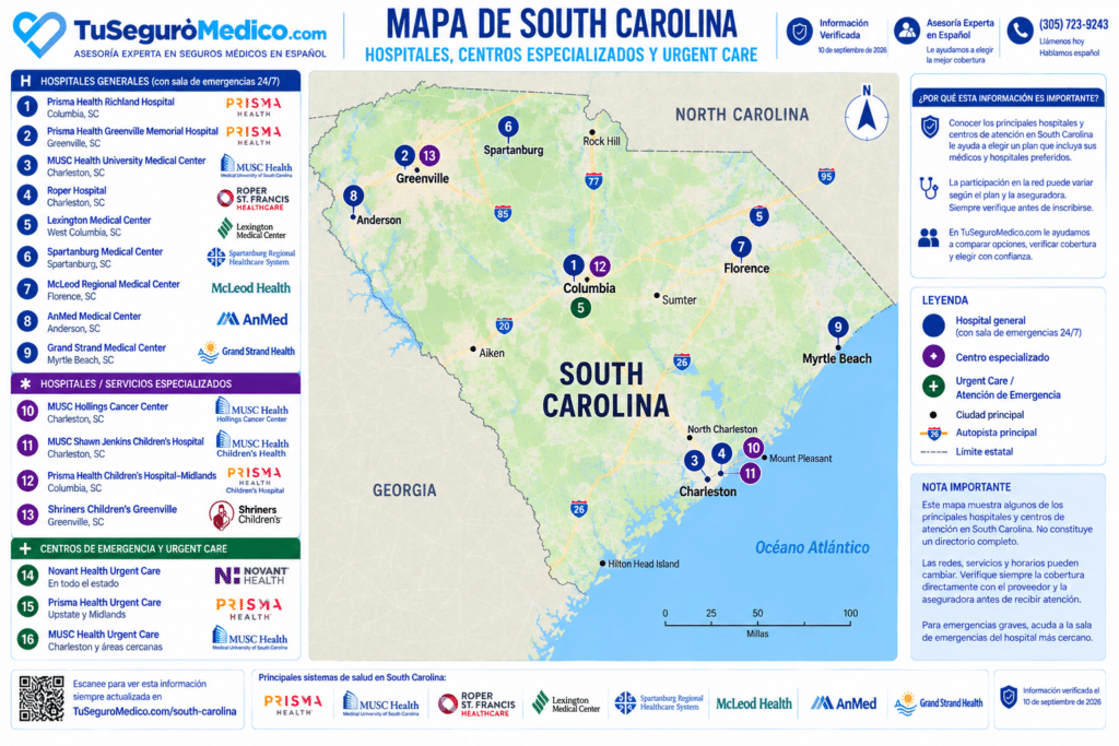 Mapa detallado con las principales redes medicas en Carolina del Sur